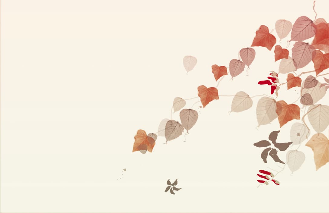 Agnès Saint Pierre - feuilles et fleurs tombantes - pêche de vigne - papier peint Agnès Saint Pierre - feuilles et fleurs tombantes - pêche de vigne - papier peint